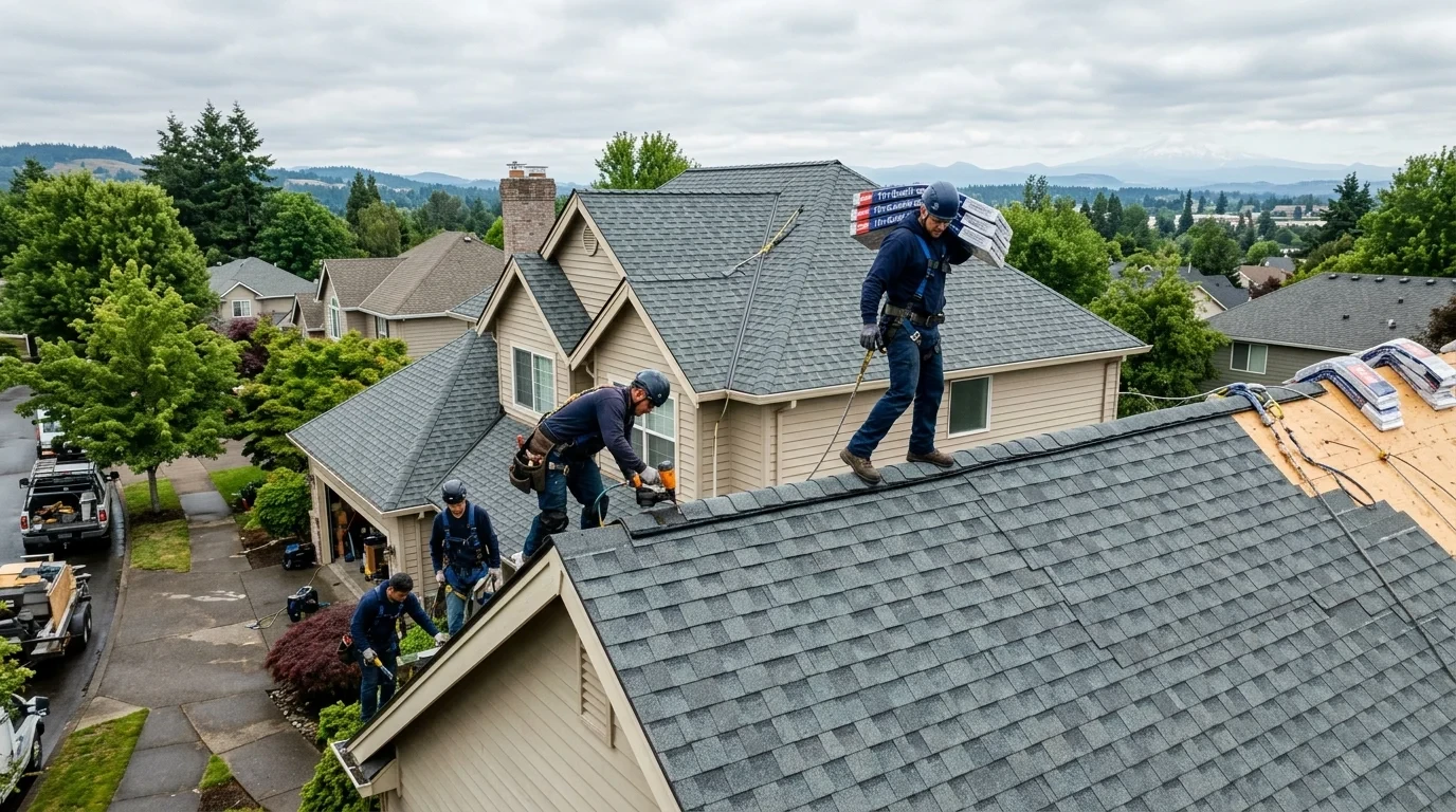 Master craftsman installing architectural shingles with high-wind fastening pattern in Vancouver WA