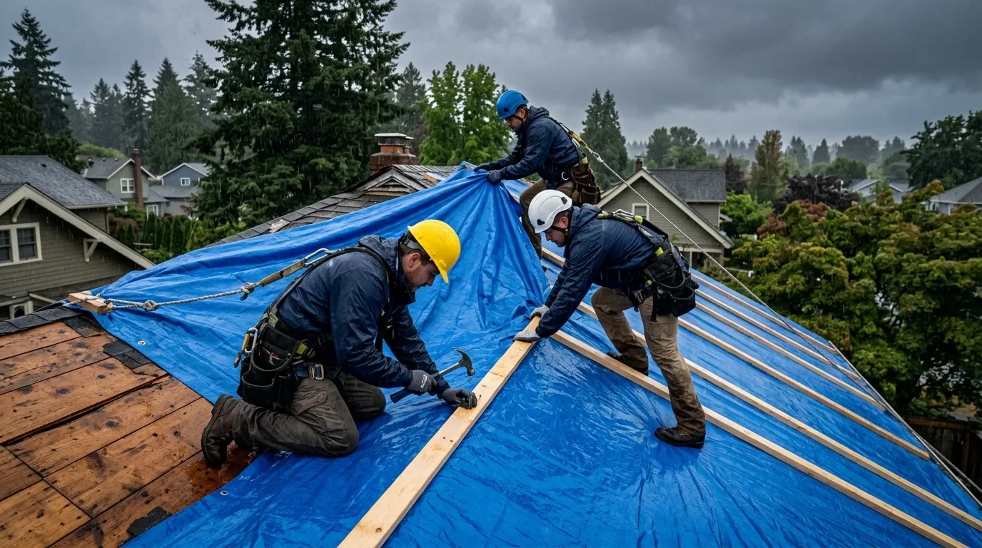Emergency roof repair crew securing weatherproofing tarp with lumber battens on storm damaged home in Vancouver WA