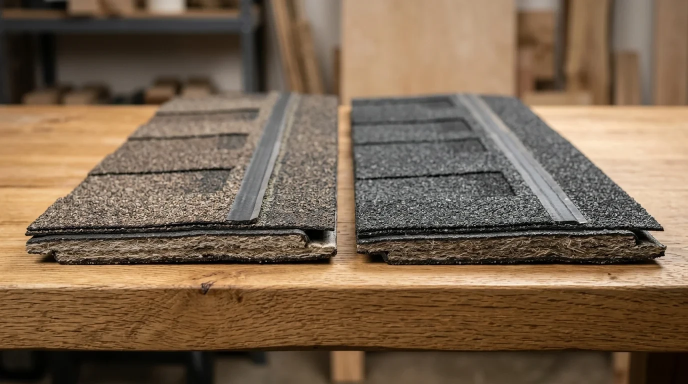 Close-up of premium dimensional architectural laminate shingles with precision copper valley flashing detail