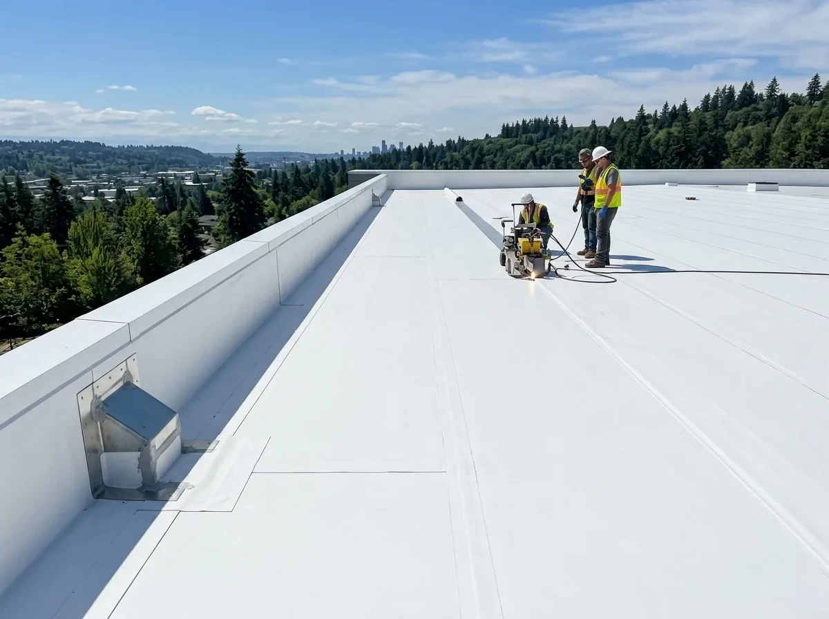Commercial flat roof installation featuring 60-mil white TPO single-ply membrane with robotic heat-welded seams