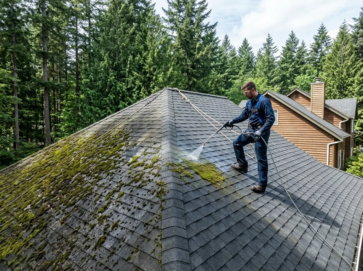 Low-pressure soft wash roof cleaning and biodegradable moss treatment on Pacific Northwest steep slope shingles