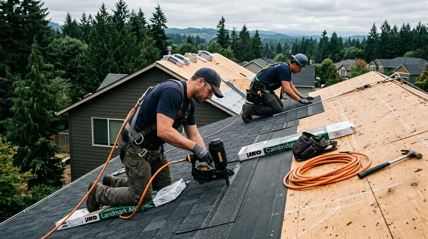 Vancouver WA roofing craftsman examining architectural laminate shingle layered construction