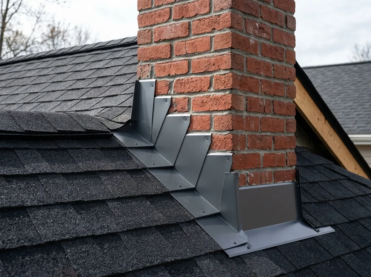 Engineered aluminum step flashing and counter-flashing installed around brick chimney with architectural shingles