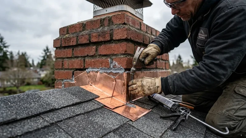 Apex Roofers specialist installing custom step flashing and counter-flashing into chimney mortar in Vancouver WA