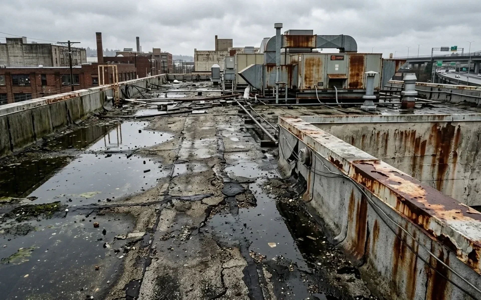 Before: Deteriorated commercial flat roof with ponding water and cracked asphalt bitumen