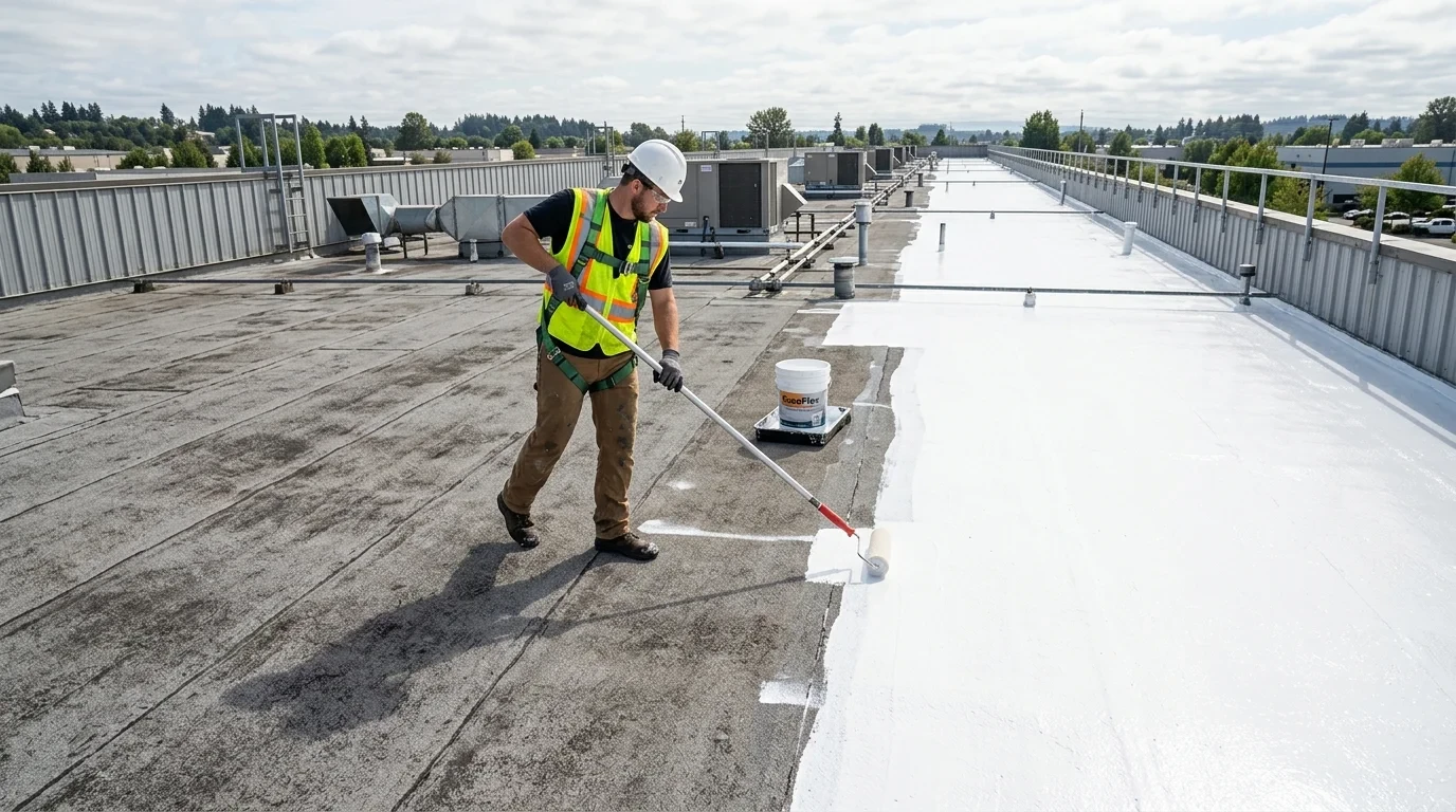 Professional roofing technician applying white silicone commercial roof coating with roller on flat roof in Vancouver WA