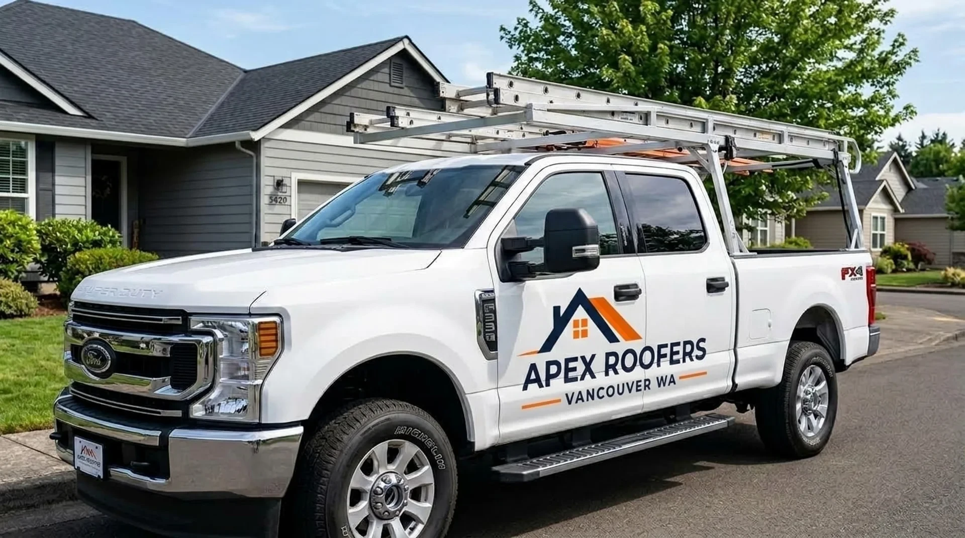 Apex Roofers Vancouver WA licensed roofing contractor service vehicle in front of newly installed residential roof