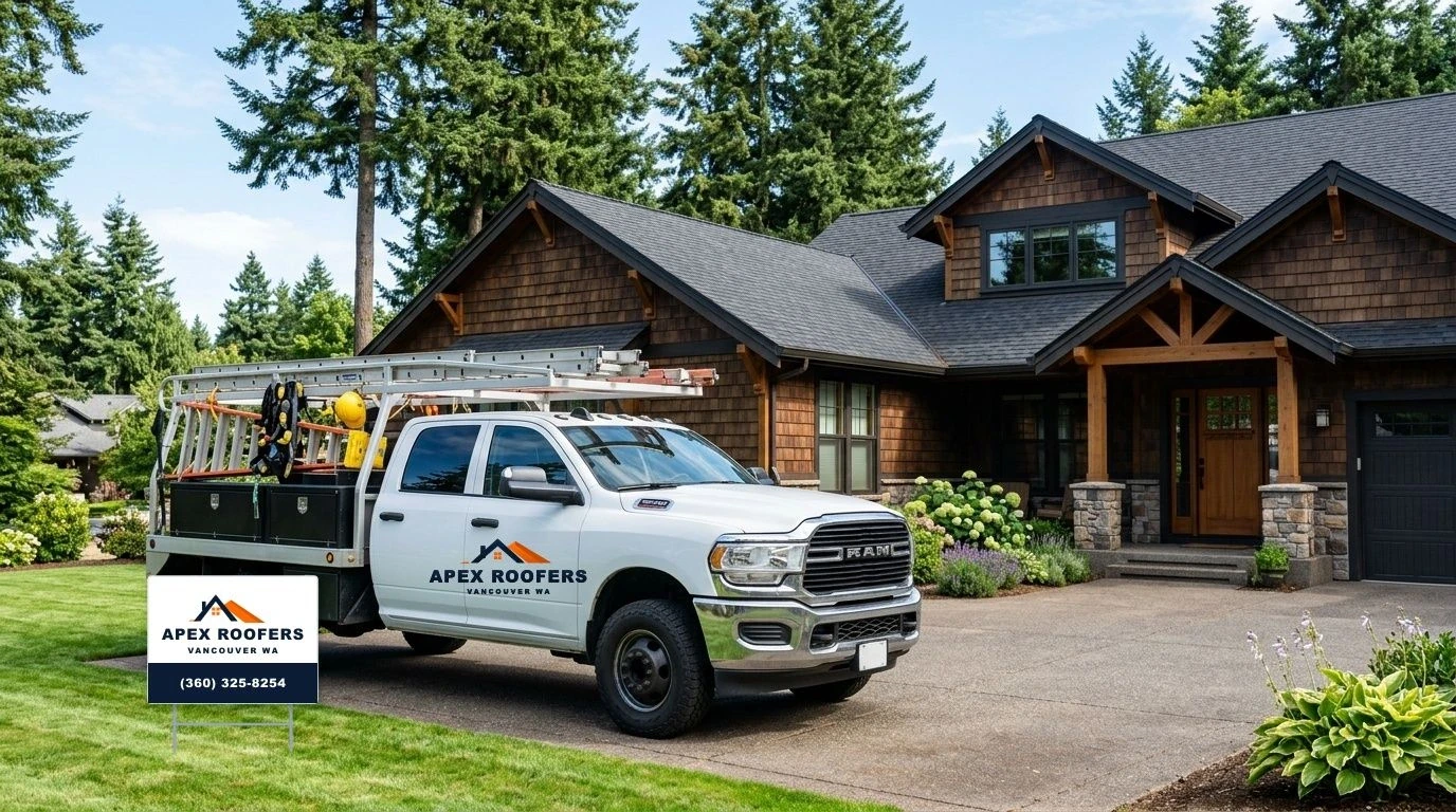 Apex Roofers clean residential jobsite in Vancouver, WA with official lawn sign and company truck in driveway