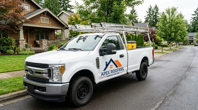 Apex Roofers Vancouver WA emergency dispatch truck on standby in Clark County