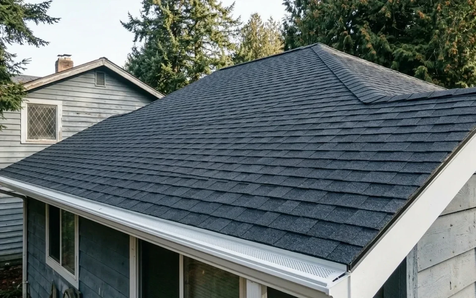 After: Complete architectural shingle reroof on Clark County home with flawless clean gutters and zero moss
