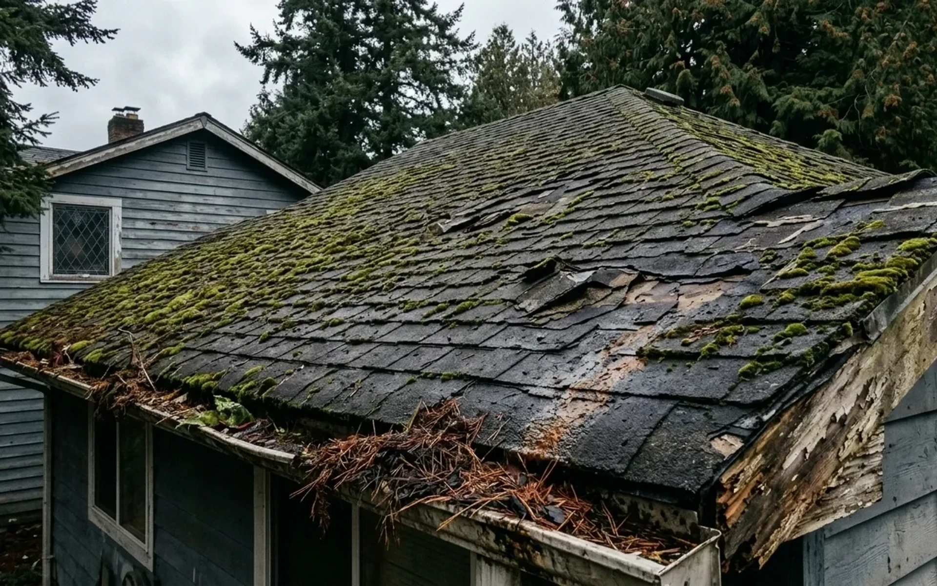 Before: Severely damaged roof with thick green moss, curled shingles, and clogged gutters