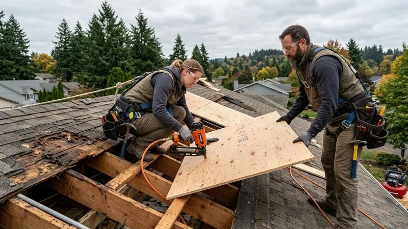 Apex Roofers carpenters replacing rotted water-damaged roof sheathing with fresh CDX plywood panels in Vancouver WA