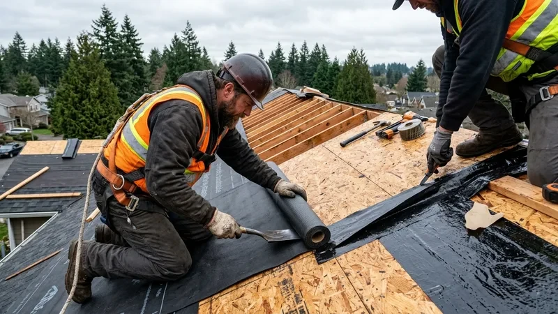 Professional roofing craftsmen installing synthetic breathable underlayment and ice and water shield barrier in Vancouver WA