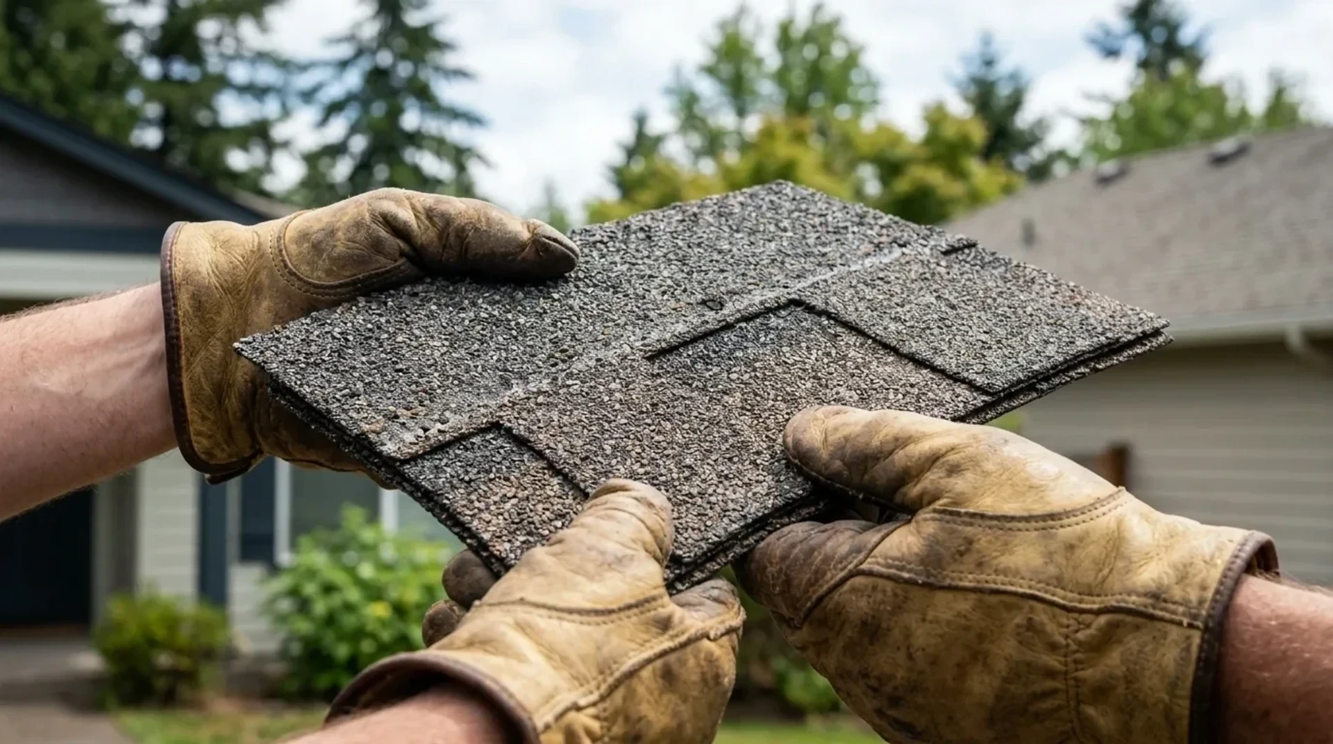 Master roofer hands fastening architectural laminate shingles with precision alignment
