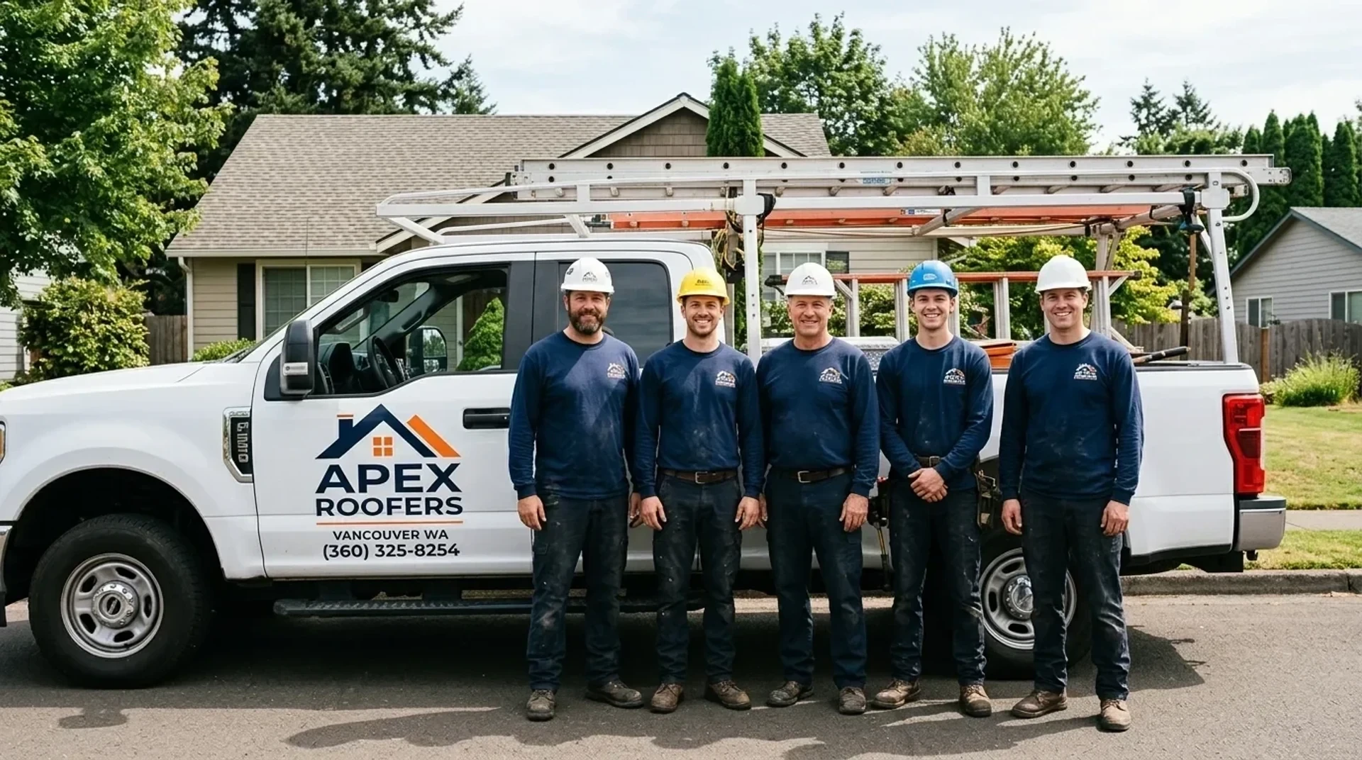 Apex Roofers Vancouver WA crew in branded navy uniforms standing in front of company truck in Pacific Northwest neighborhood